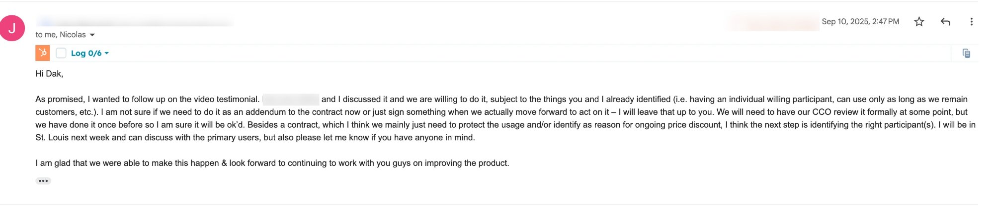 Customer agreeing to video testimonial